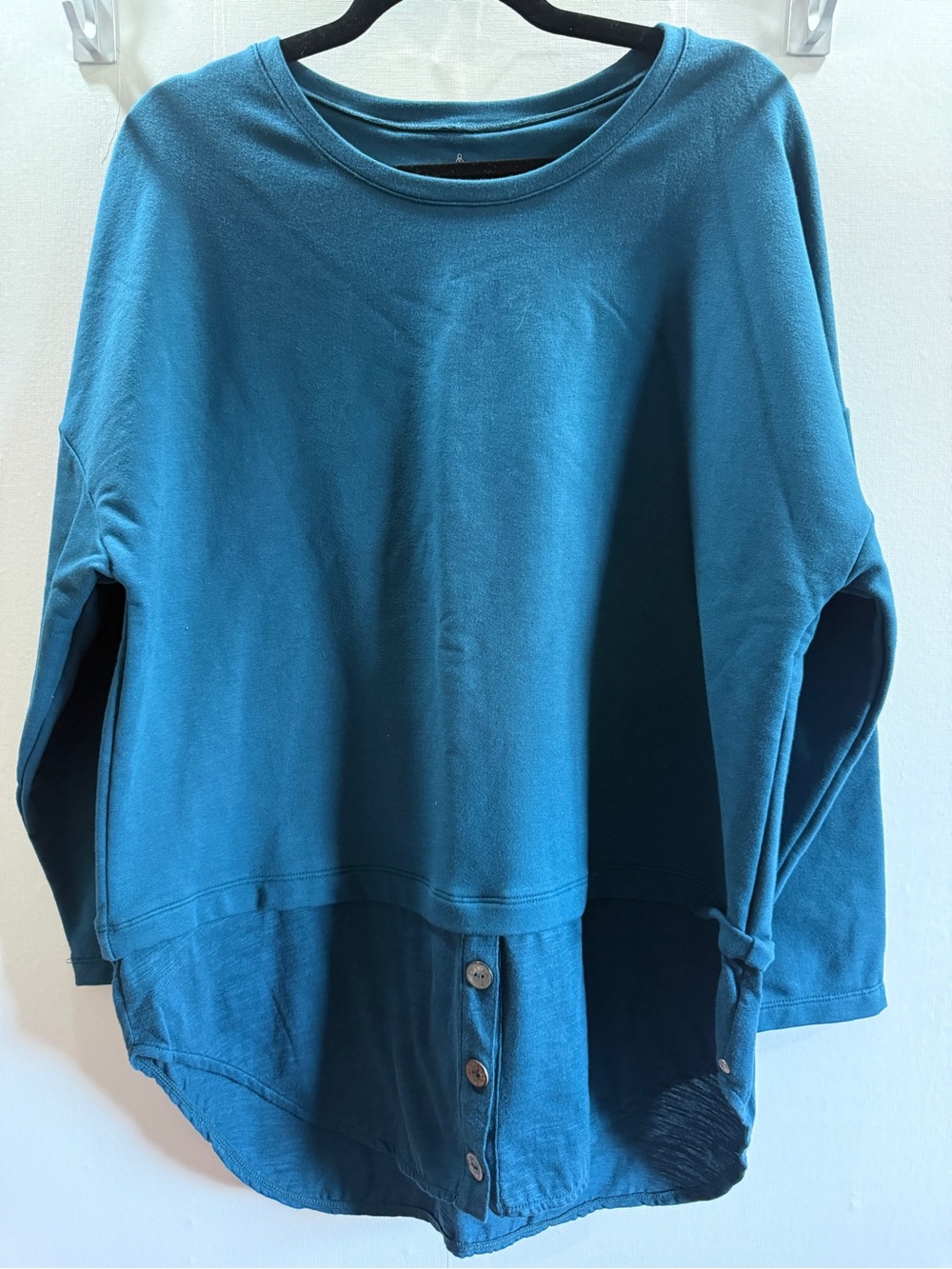 Neon Buddha XL Teal Blue Layered Hem Button Detail Long Sleeve Tunic Top